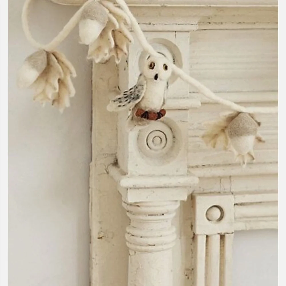 Anthropologie Garland FELTED OWL Leaves Holiday Wool Neutral Ivory Rope 6' NWT